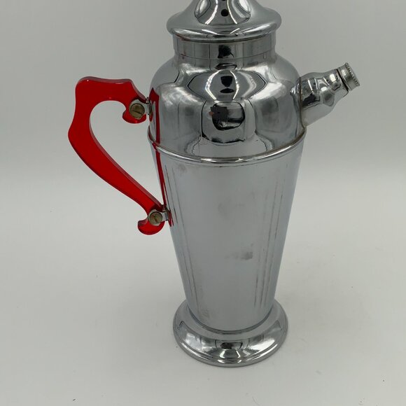 Vintage Art Deco Chrome Cocktail Shaker Mixer Red Bakelite Handle 12" Barware - Picture 6 of 14
